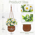 Artificial Daisy Flowers with Hanging Woven Basket, Faux Chrysanthemums in Fake Rattan Planter with Rope, Realistic Floral Arrangement for Home Porch Patio Balcony Indoor Outdoor Summer Decor, White