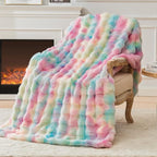 EMME Faux Fur Blanket King Size Rainbow - Big Bubble Rabbit Cozy Blanket for Couch, Thick Furry Plush Shaggy Blankets, 650GSM, 108x90 Inches
