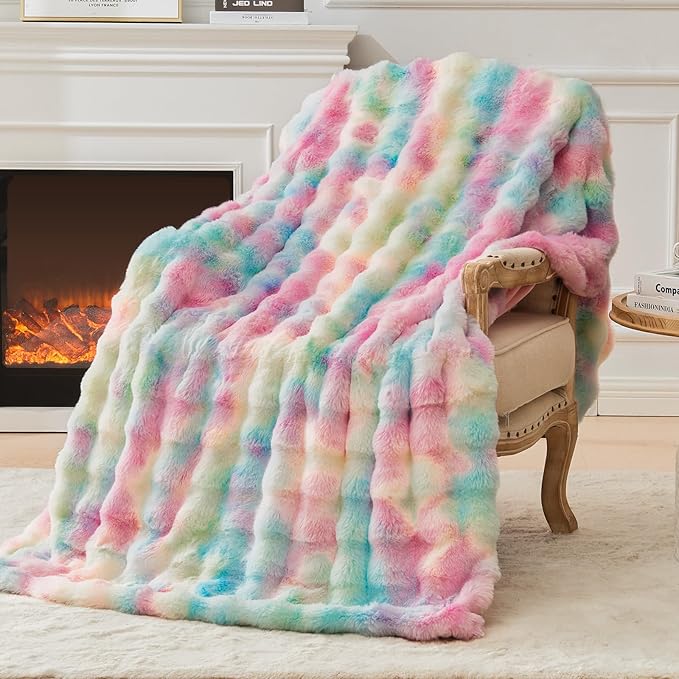 EMME Faux Fur Blanket Queen Size Rainbow - Big Bubble Rabbit Cozy Blanket for Couch, Thick Furry Plush Shaggy Blankets, 650GSM, 90x90 Inches