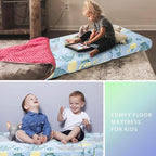 MeMoreCool Cozy Kids Foldable Floor Mattress Mat with Storage Bag, 3-in-1 Tri-Fold Futon Mat, Soft Plush Cover, Portable for Travel, Blue Dinosaur 57x22 Inch