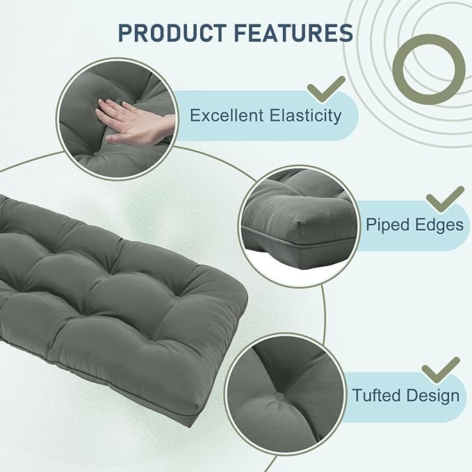 downluxe Outdoor Bench Cushion for Patio Furniture, Waterproof Tufted Overstuffed Porch Swing Cushions, Thick Outdoor Loveseat Cushions, 59" x 18" x 5", Dark Grey, Set of 1
