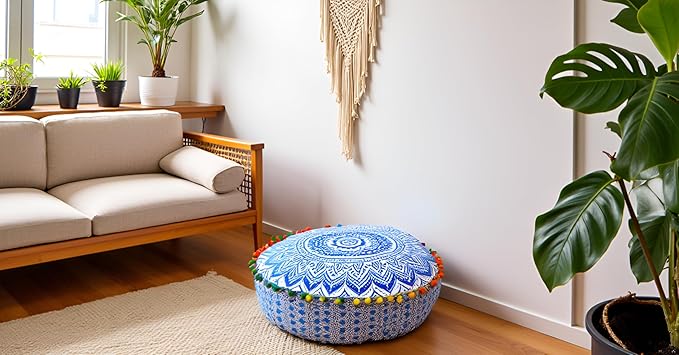INDIAN CRAFT CASTLE ICC Mandala Barmeri Large Floor Pillow Cover Cushion Meditation Seating Ottoman Throw Cover Hippie Decorative Zipped Bohemian Pouf Ottoman Cases Blue Ombre 24" Round