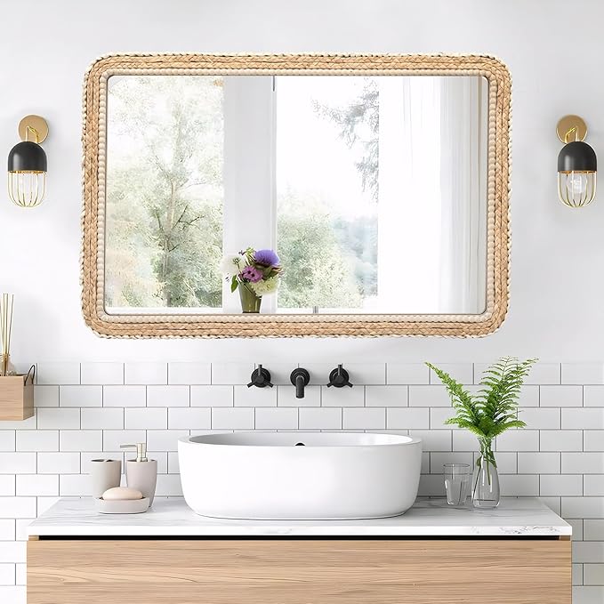 FUIN 24x36 Large Wall Mirror, Wood Frame with Braided Seagrass and Wooden Bead, Vertical & Horizontal Coastal Mirror for Bathroom