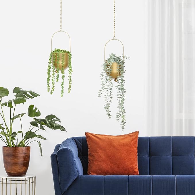 AceList Boho Gold Metal Hanging Planters, Set of 2 with Hooks & Chains - Versatile Wall & Ceiling Plant Hangers for Indoor/Outdoor Décor