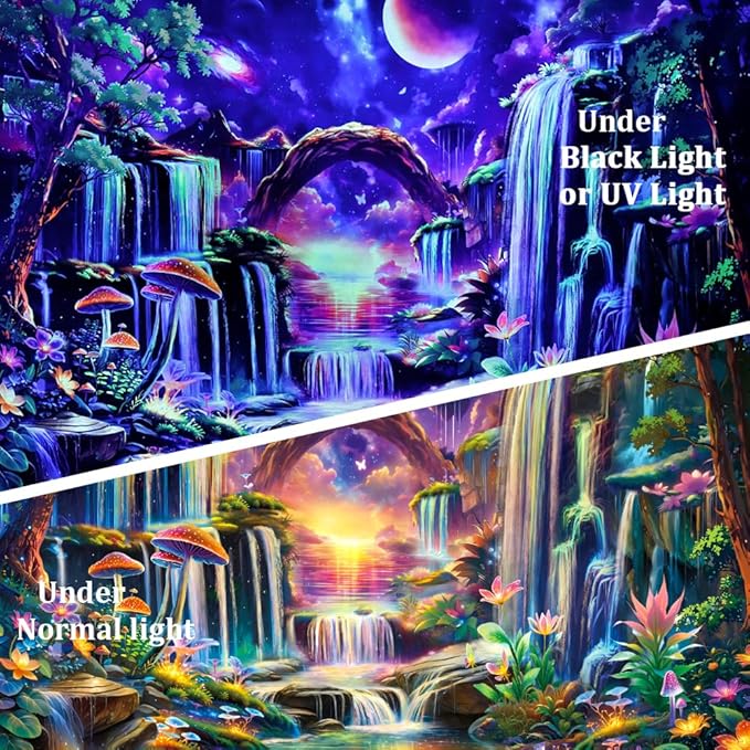 Huzuya Blacklight Fantasy Forest Tapestry Neon Waterfall Tapestries UV Reactive Galaxy Space Tapestry Colorful Floral Plants Tapestries Wall Hanging Backdrop Room Decor for Bedroom