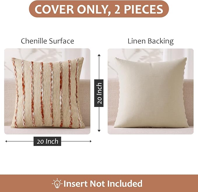 ANRODUO Boho Woven Chenille Pillow Covers 20x20 Inch Set of 2 Soft Textured Decorative Cushion Case with Striped Farmhouse Accent Neutral Pillowcase for Couch Sofa Bed Living Room Decor, Rust Stripe