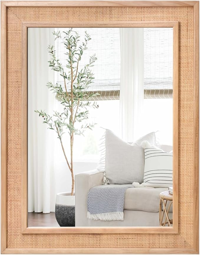 Rectangle Rattan Mirror, 20"x28" Rattan Wall Mirror, Farmhouse Wooden Vanity Mirror with Handmade Wicker Frame, Decorative Boho Mirror for Nursery Bedroom Living Room Entryway Nature
