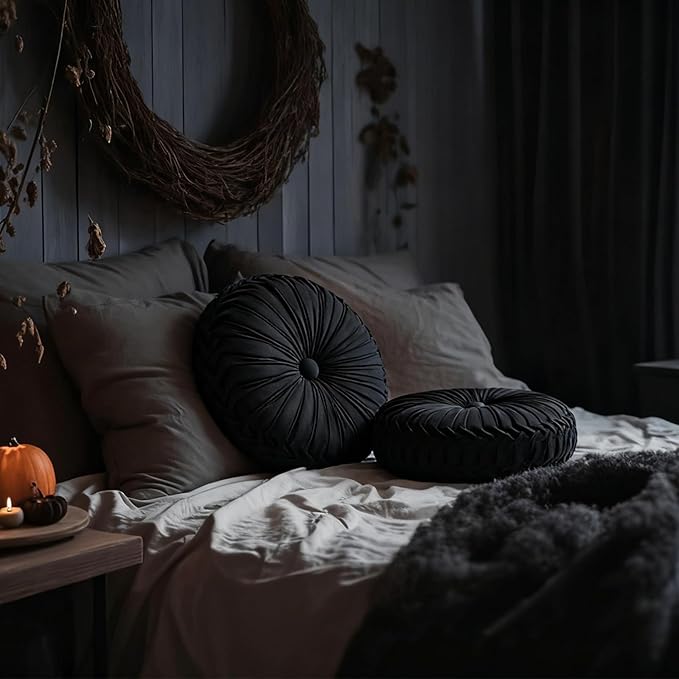2 Pcs Round Throw Pillows 15 Inch Decorative Velvet Pleated Pumpkin Pillows Boho Floor Pillow with Center Button for Living Room Couch Chair Bed Sofa Home Decoration (Black)