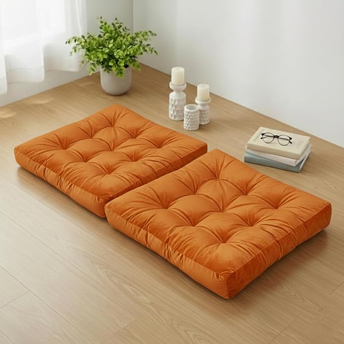 Meditation Floor Pillow Set of 2, Large Velvet Floor Pillows for Sitting, Tufted Floor Seating Cushions for Adults, Big Pillows for Yoga & Living Room, 22x22 Inch, Orange