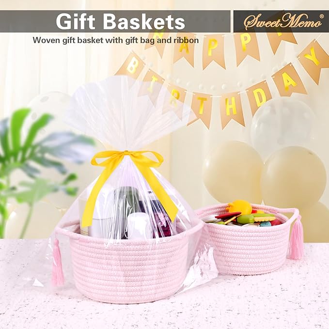 Small Cute Pink Gift Basket Empty to Fill — Mini Wicker Woven Cotton Rope Organizer 8"×4.7", Pastel Decorative Makeup Holder for Girls & Women, Bathroom, valentines/Desk Bin, Shower Gift by SweetMemo