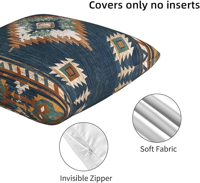 Western Native American Blue Pillow Covers 18x18 Set of 2, Southwestern Boho Aztec Throw Pillow Covers Outdoor Decorative Pillow Case for Couch Bed Sofa Cushion Home Decor