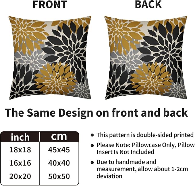 Black Mustard Yellow Pillow Covers 18X18 Inch Set of 2, Spring Summer Floral Dahlia Flower Cream Decorative Throw Pillow Covers Outdoor Modern Farmhouse Cushion Case for Home Couch Sofa Bed Decor