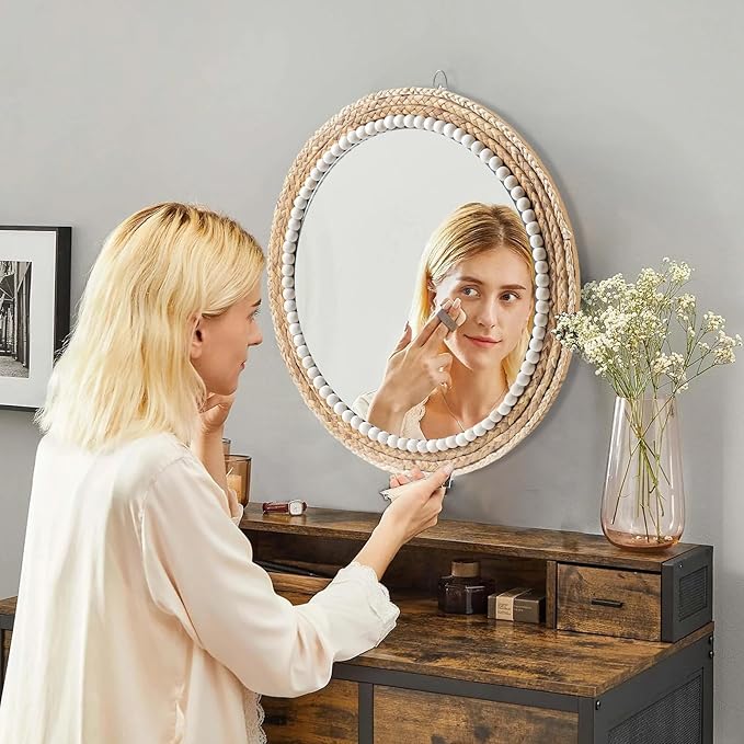 18 Inch Boho Wall Mounted Mirror,Decorative Round Rattan Hanging Wall Mirror，Suitable for Farmhouse, Living Room, Bedroom and Bathroom