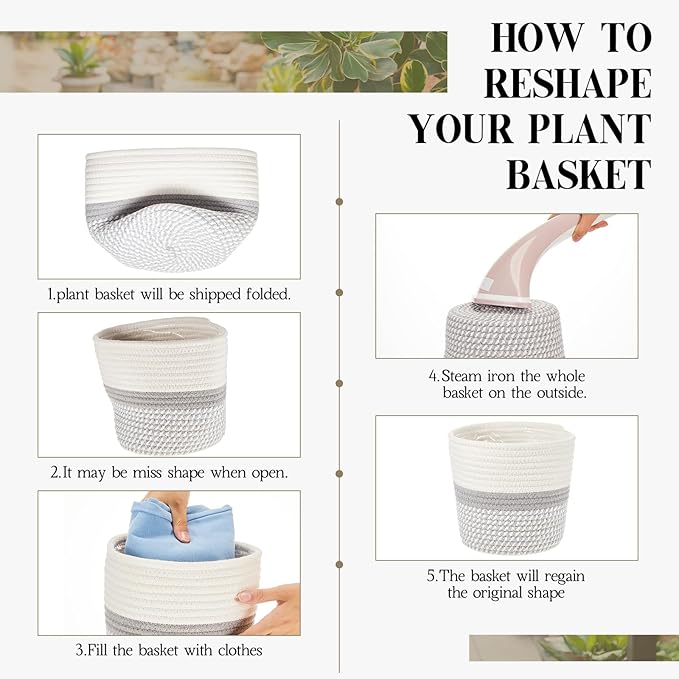 3 Pcs Cotton Rope Plant Basket with Plastic Liner Rustic Plant Basket Planters Modern Woven Decorative Pots for Home Flower Indoor Storage Decor, 7.5 x 6.5 Inches(White, Gray)