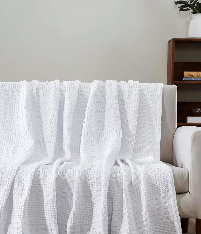 VHC Brands 100% Cotton Waffle Weave Twin Blanket 66"x90", Decorative Lightweight Spring and Summer Throw Blanket, Bedroom Decor for Bed, Couch, or Sofa, White
