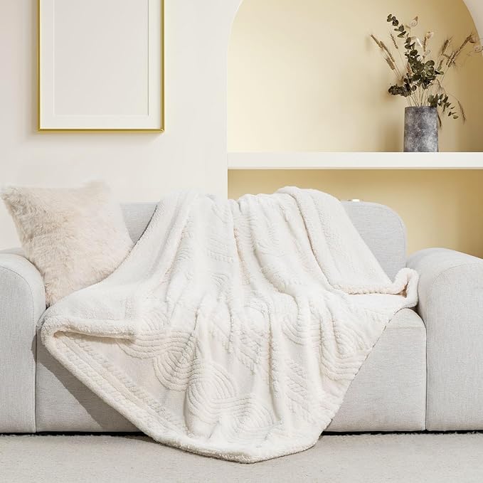 EverGrace Cable Jacquard Sherpa Fleece Throw Blanket for Couch, Super Soft Cozy Fuzzy Plush Blankets for All Seasons, Reversible Thick Warm Blanket for Bed, Sofa, Living Room, Ivory White, 50" x 60"