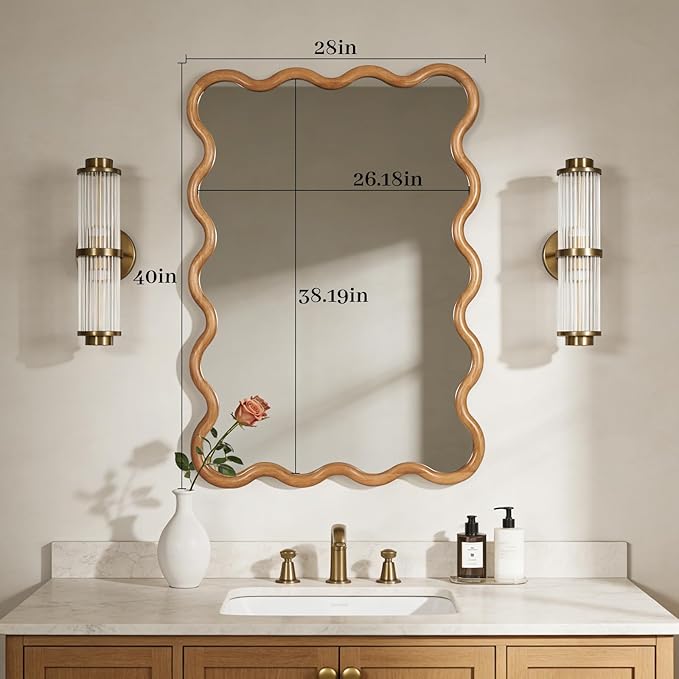 WallBeyond 28"x40" Large Wavy Wood Mirror, Natural Wood Boho Accent Wall Mirror with Solid Wooden Frame, Decorative Wall Mirror for Horizontal or Vertical Hanging in Bathroom or Living Space