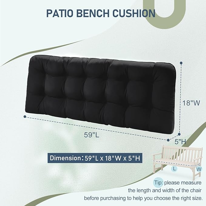 downluxe Outdoor Bench Cushion for Patio Furniture, Waterproof Tufted Overstuffed Porch Swing Cushions, Thick Outdoor Loveseat Cushions, 59" x 18" x 5", Black, Set of 1