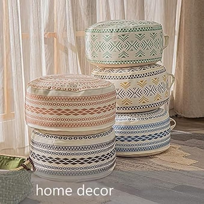 MOCOFO Unstuffed Round Pouf Covers Boho Colorful Geometric Ottoman Pouf Cover with Handle Design,Decoration Footstool for Living Room,Bedroom,Patio (Blue,18x18x8)