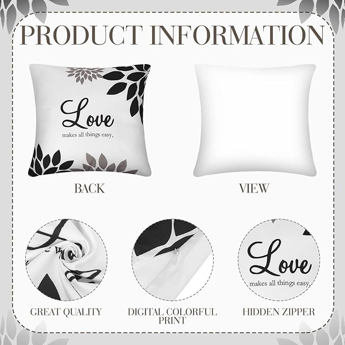 Tatuo 4 Pcs Flower Pillow Covers Square Spring Pillow Cushion Cases 18 x 18 Inch Family Faith Hope Love Words Decorative Summer Winter Cushion Case for Bed Couch Sofa Living Room(Black Series)