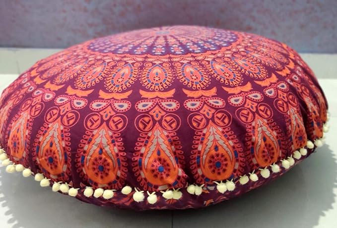 ICC 32" Indian Mandala Ottoman Throw Pouf Cover Seating Ottoman Cover Ethnic Cushions Bohemian Decor Fall Decor Pouf Case Decorative Footstool Round Floor Maroon
