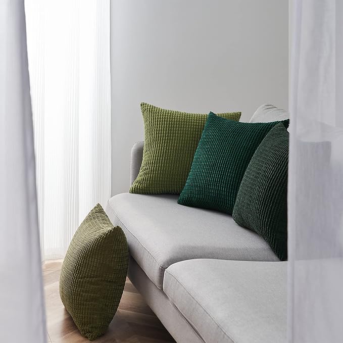 Topfinel Fall Pillow Covers Set of 4 Soft Corduroy Boho Strip Textured Green Pillow Covers Modern Farmhouse Cute Autumn Home Decor Green Living Room Sofa Couch Bed 55x55 cm