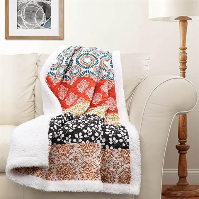 Lush Decor Bohemian Stripe Sherpa Throw Blanket, 50" W x 60" L, Turquoise & Orange - Bold Colorful Boho Stripe Design - Quilted Print - Soft Sherpa Blanket For Bed, Couch, Or Chair