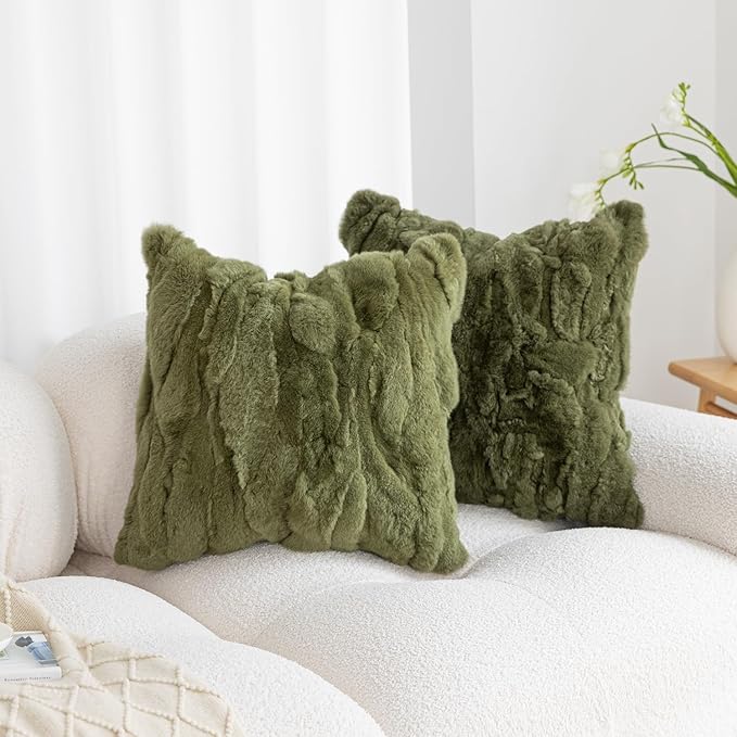 MOOX Rabbit Fur Throw Pillow Covers Decorative Fluffy Soft Fuzzy Plush Luxury Genuine Animal Skin Lumbar Pillow 18"x18" Cushion Cover, Dark Green