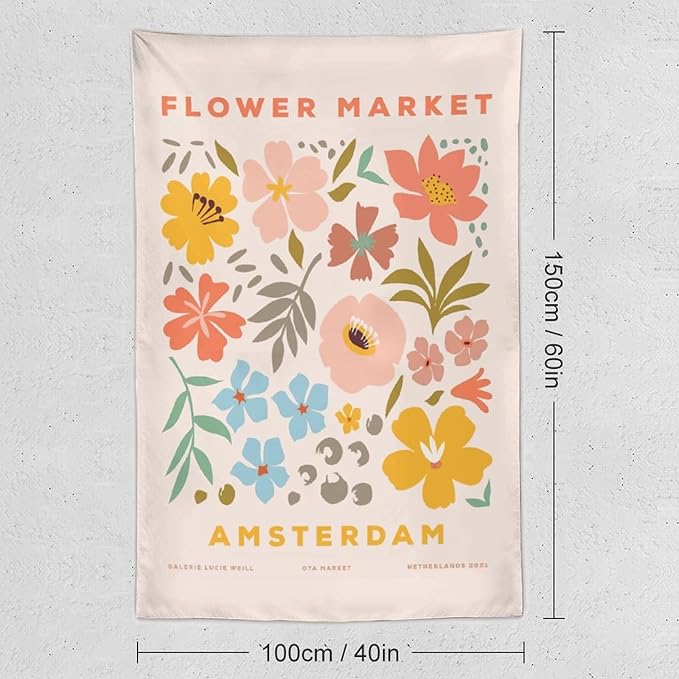 Chordity Danish Pastel Botanical Flower Market Aesthetic Floral Plants Tapestries Wall Hanging Tapestry Decorative Flag For Home Decor Living Room College Dorm Bedroom Banner Poster 40 * 60 Inch