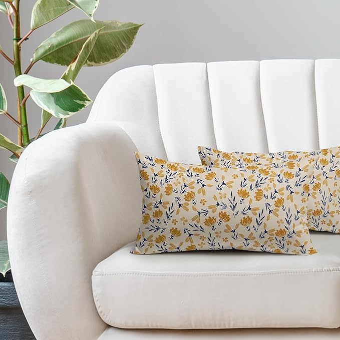 Navy Blue Yellow Floral Pillow Covers 12x20 Set of 2 Vintage Rustic Old Style Cute Small Flower Print Rectangle Decorative Outdoor Pillowcases Farmhouse Throw Cushion Case Decor for Couch Sofa Bed