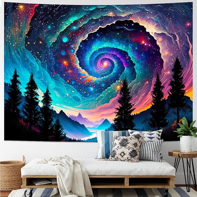 Amhokhui Galaxy Space Tapestry Colorful Starry Sky Tapestry Trippy Mountain Tapestries Misty Forest Tapestries Fantasy Landscape Wall Hanging Decor for Home