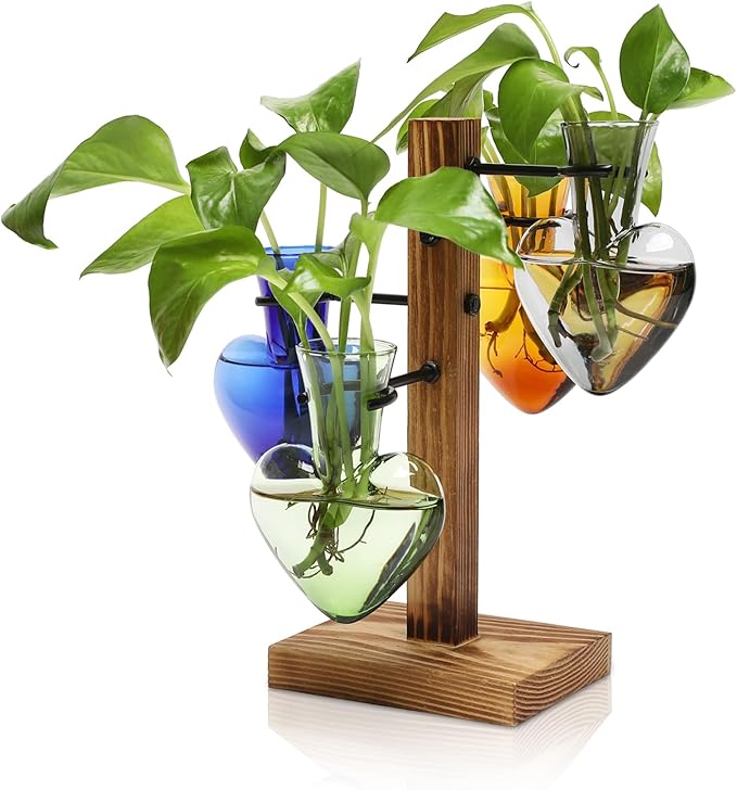 Plant Terrarium Propagation Stations with Wooden Stand, Glass Vase for Indoor Hydroponics Home Garden Office Decoration Gift for Women - 4 Love Bulb Vase