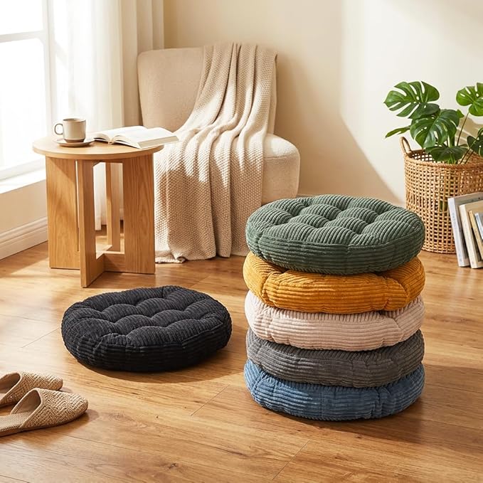 Large Floor Pillow for Adults, 22x22" Memory Foam Floor Cushion with Corduroy Cover, Square Floor Sitting Cushions for Meditation, Lounge,Seating for Yoga, Tatami Living Room (2, Round-Black)