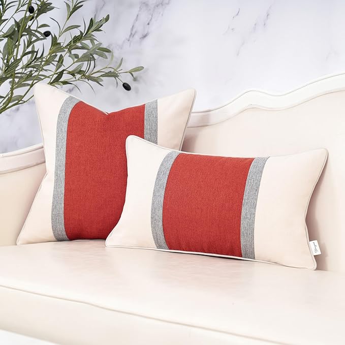 Yangest Patchwork Pillow Cover 12x20 Inch Luxury Cotton and Linen Cushion Cover Rectangle Pillowcover for Couch Bedroom Living Room,Orange