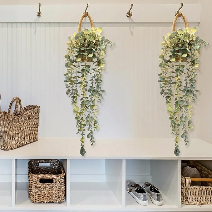 Fake Hanging Plant Decor Indoor, Eucalyptus Artificial Faux Plants in Wall Woven Planters, Jute Hanger with Black Pot Soft Green 1PCS 23Inch Long