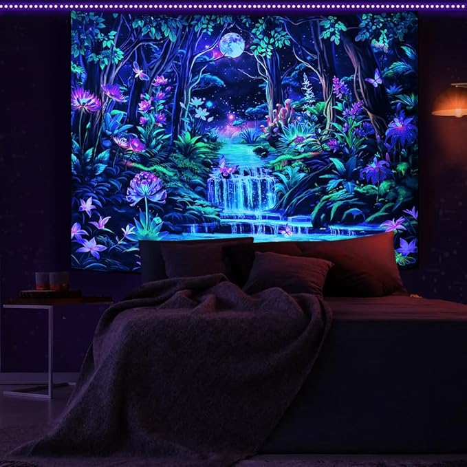 Leofanger Blacklight Fantasy Forest Tapestry Aesthetic Moon Tapestry UV Reactive Neon Galaxy Space Wall Tapestries Trippy Plant Floral Tapestries Wall Hanging for Home Decor(51.2"x59.1")