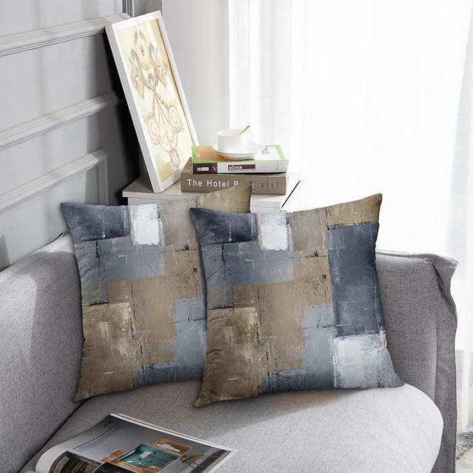 Britimes Throw Pillow Covers Modern Home Art Decor, 16 x 16 Inches Set of 2 Pillow Cases Decorative, Abstract Oil Painting Pillowcases for Bedroom, Living Room, Cushion Couch Sofa, Brown Blue