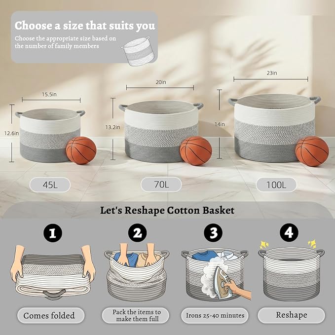 100L Large Cotton Rope Basket, Decorative Woven Blanket Storage for Living Room, Boho Toy Storage & Toy Box for Kids, Versatile Laundry Basket & Nursery Hamper for Blankets(Grey)