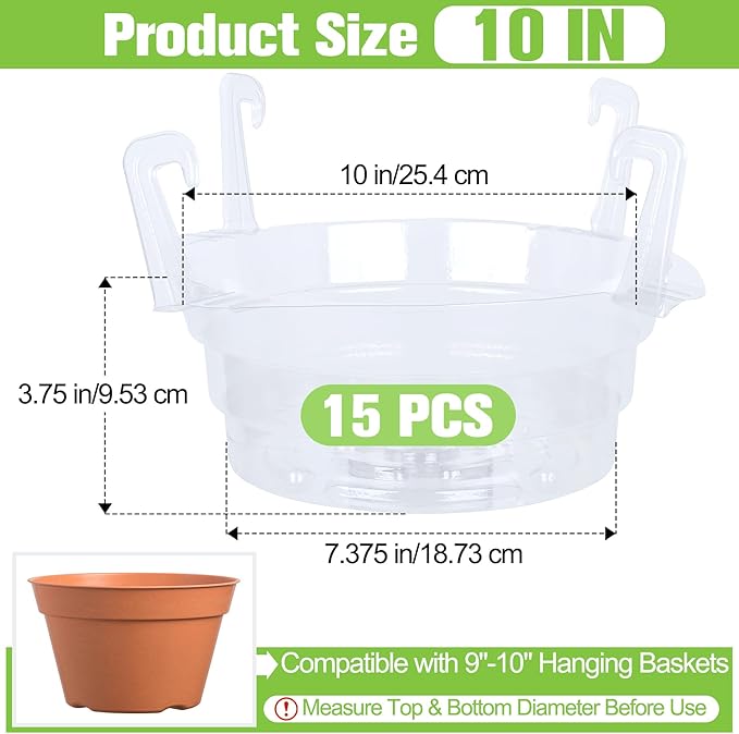 Miuwauer 15 Pack of 10-inch Hanging Basket Water Catcher Plastic Hanging Plant Drip Pan Tray Plastic Saucers Liners for Indoor Outdoor Hanging Plants Baskets Flower Pots - Clear, Round
