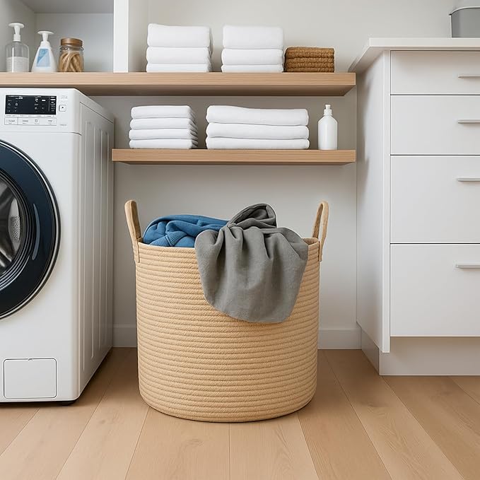 ShellKingdom Laundry Basket, Large Natural Rope Woven Storage Basket with Handles for Home, Living Room, Laundry, Storage Organizer for Blankets, Clothes, Plant, Toys, 15.7 x 13.8 INCH (Jute)