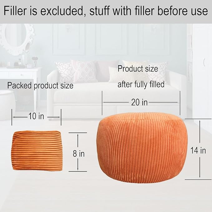Unstuffed Ottoman Pouf Cover, Foot Rest Cover, Bean Bag Chair Cover (Orange)