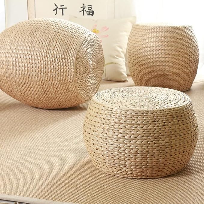 Round Bohemian Rattan Ottoman, Handwoven Seagrass Pouf Chair for Living Room Bedroom Patio Garden (12.2"x12.2"x16.5")
