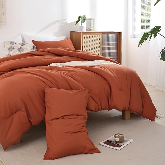 ROSGONIA Full Size Comforter Sets for Girls Boys Teens Burnt Orange,3pcs(1 Boho Comforter & 2 Pillowcases) Terracotta Dorm Bedding Kids Comforter Sets