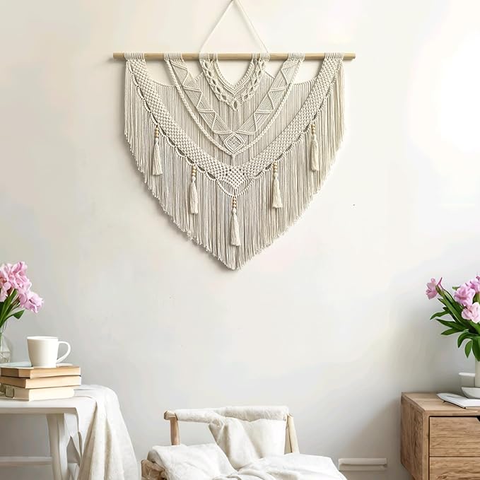 large macrame wall hanging - Boho Tapestry Macrame Wall Decor Art- Chic Bohemian Handmade Woven Tapestry Home Decoration for Bedroom Living Room Apartment Wedding Party - 43"x40" (Bead Fringe)