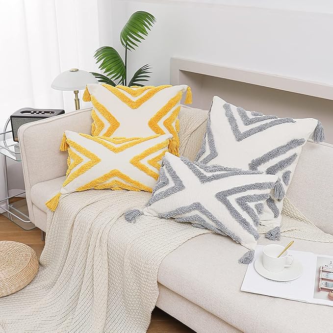 PLWORLD Boho Grey Throw Pillow Cover 20x20 Inch with Tassels, Gray Geometric Tufted Decorative Cream Chenille Fabric Accent Textured Cushion Case for Bed Couch, 1 PC Cover Only No Insert