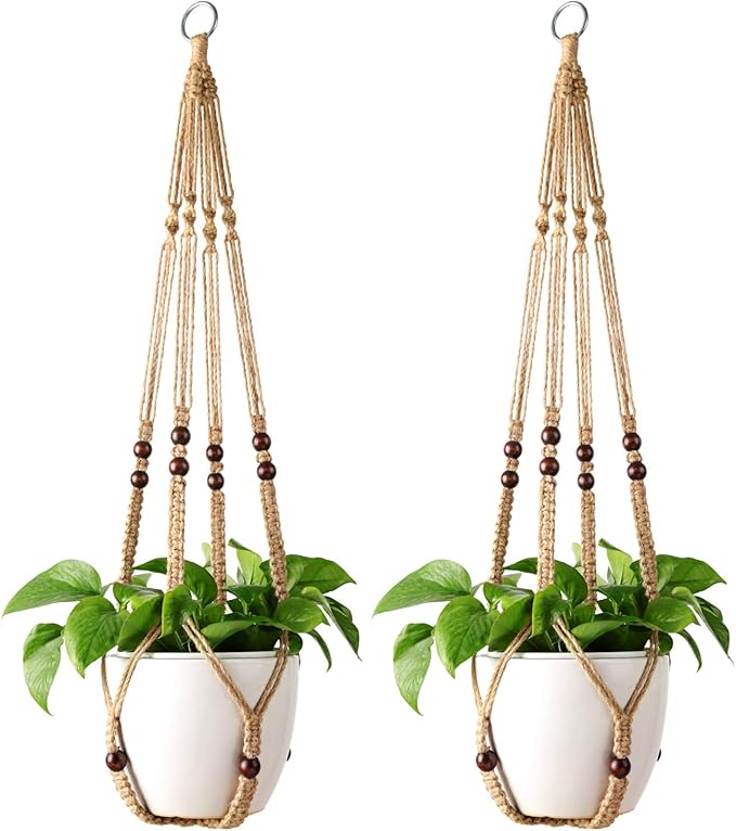Mkono Macrame Plant Hangers Indoor Jute Hanging Planter Basket and Ceiling Hooks, Wood Beads Decorative Flower Pot Holder for Indoor Outdoor Boho Home Decor,Brown，Set of 2
