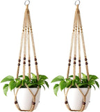 Mkono Macrame Plant Hangers Indoor Jute Hanging Planter Basket and Ceiling Hooks, Wood Beads Decorative Flower Pot Holder for Indoor Outdoor Boho Home Decor,Brown，Set of 2