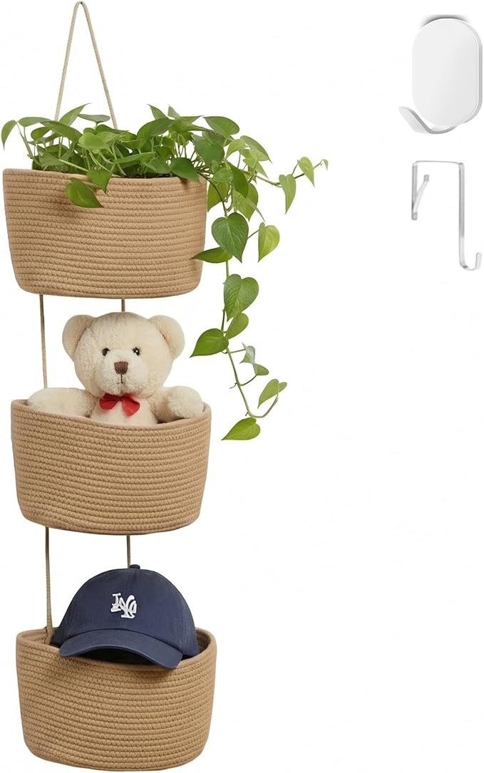 Over the Door Organizer, 3 Tier Hanging Wall Basket Storage for a Stylish and Clutter-free Space, Ideal for Boho Room Decor and Nursery Decor