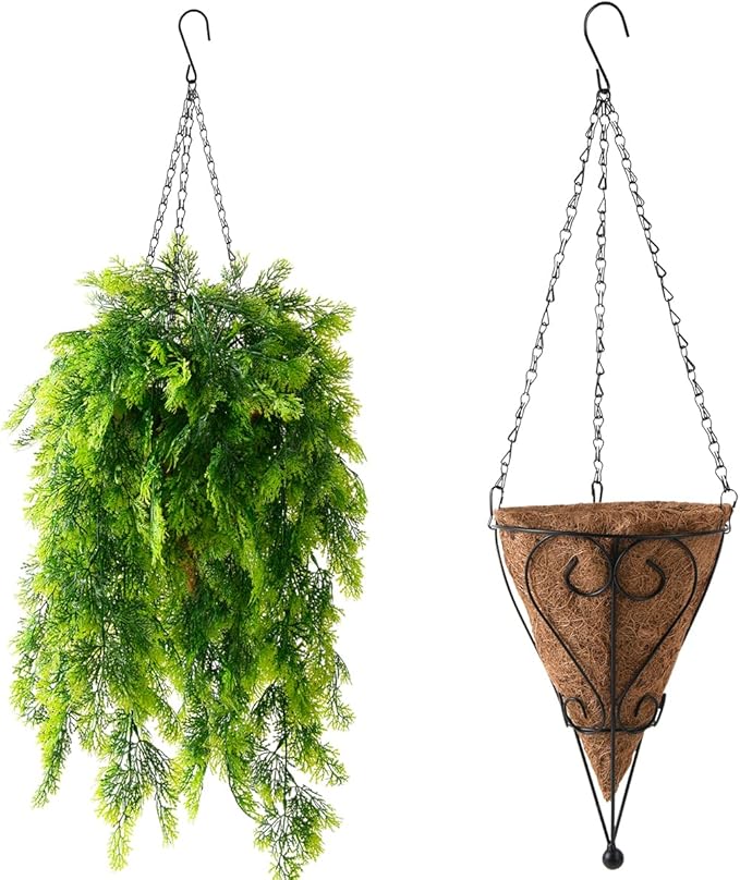 Artificial Faux Hanging Plants Basket for Spring Outdoor Summer Decoration, Fake Seaweed Plant UV Resistant Look Real for Outside Porch Home Patio Balcony Yard(Dark Green)