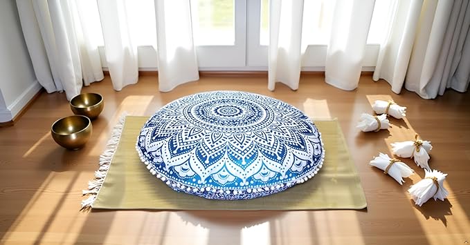 ICC 32" Blue Mandala Floor Pillow Cushion Cover Seating Throw Cover Hippie Decorative Bohemian Ottoman Poufs Cover, Pom Pom Pillow Cases, Boho Indian